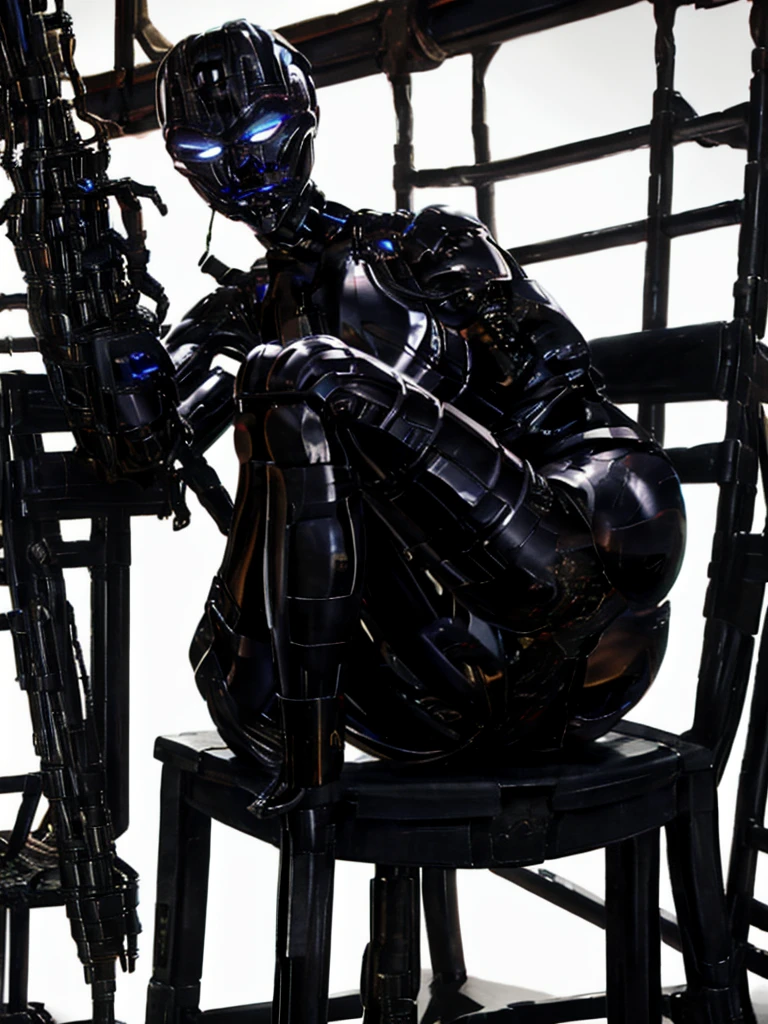 'terminator 3', 'terminator \(series\)', 'T-X', 'T-X(terminator)', 'endoskeleton', 'chrome metal', '(metal skin:1.4)', sitting on the stool with legs spread. '(glowing pupils:1.3)', 'blue pupils', '(robot joints:1.3)',