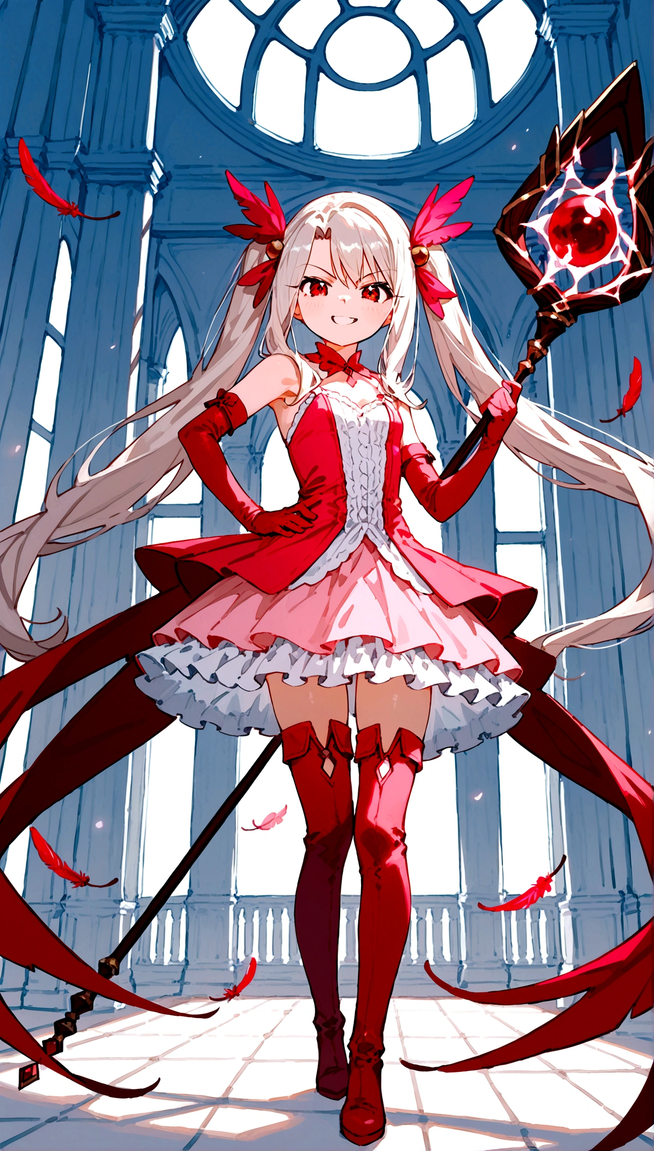 (score_9,score_8_up,score_7_up),(cowboy shot),looking at viewer,1girl,loli,illyasviel von einzbern,fate \(series\),white hair,red eyes,long hair,twin tails,hair ornament,feathers,pink dress,elbow gloves,magic girl,pink thigh Boots,standing,simple background,white background,serious grin,standing,((holding rubystaff)),hand on hip,mansion,fighting stance