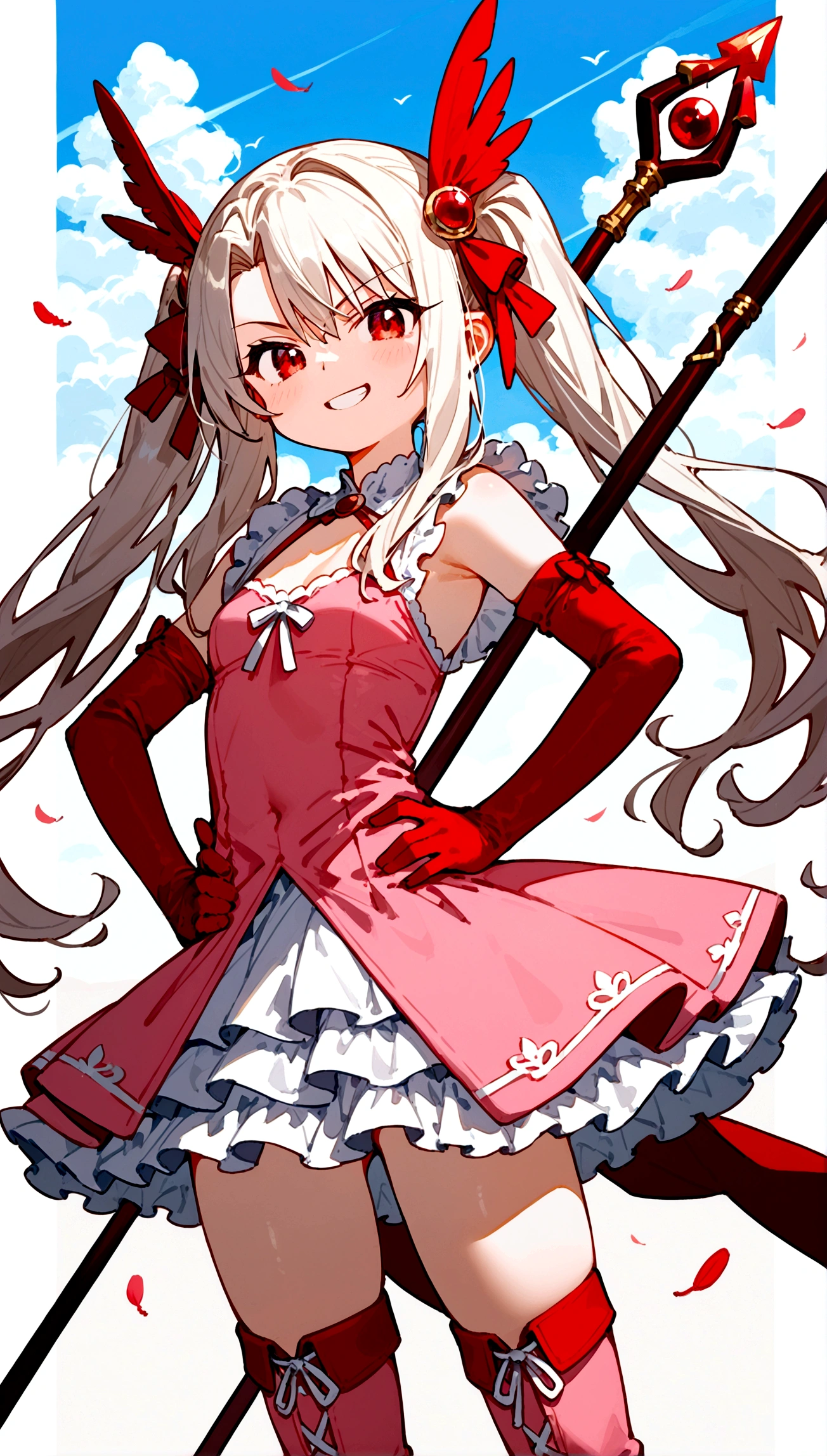 (score_9,score_8_up,score_7_up),(cowboy shot),looking at viewer,1girl,li,illyasviel von einzbern,fate \(series\),white hair,red eyes,long hair,twin tails,hair ornament,feathers,pink dress,elbow gloves,magic girl,pink thigh Boots,standing,simple background,white background,serious grin,standing,((holding rubystaff)),hand on hip,mansion,fighting stance