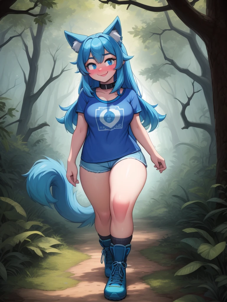 (Masterpiece) (High Detail) (High Res) A close up of a short humanoid girl with pale human skin and blue eyes and long blue hair and blue dog ears and a fluffy blue dog tail and average breasts. She is walking through a dense forest swamp with large trees and vines. She is wearing a t-shirt and denim short-shorts and has a big digital camera around her neck. She has knee-high white socks and hiking boots on. She has blushing cheeks and looks cheerful. The forest looks spooky and dangerous. Photographer. Digital SLR Camera. She is holding a camera.