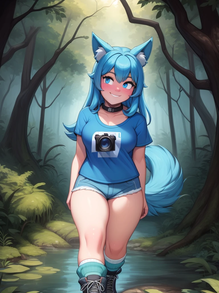(Masterpiece) (High Detail) (High Res) A close up of a short humanoid girl with pale human skin and blue eyes and long blue hair and blue dog ears and a fluffy blue dog tail and average breasts. She is walking through a dense forest swamp with large trees and vines. She is wearing a t-shirt and denim short-shorts and has a big digital camera around her neck. She has knee-high white socks and hiking boots on. She has blushing cheeks and looks cheerful. The forest looks spooky and dangerous. Photographer. Digital SLR Camera. She is holding a camera.