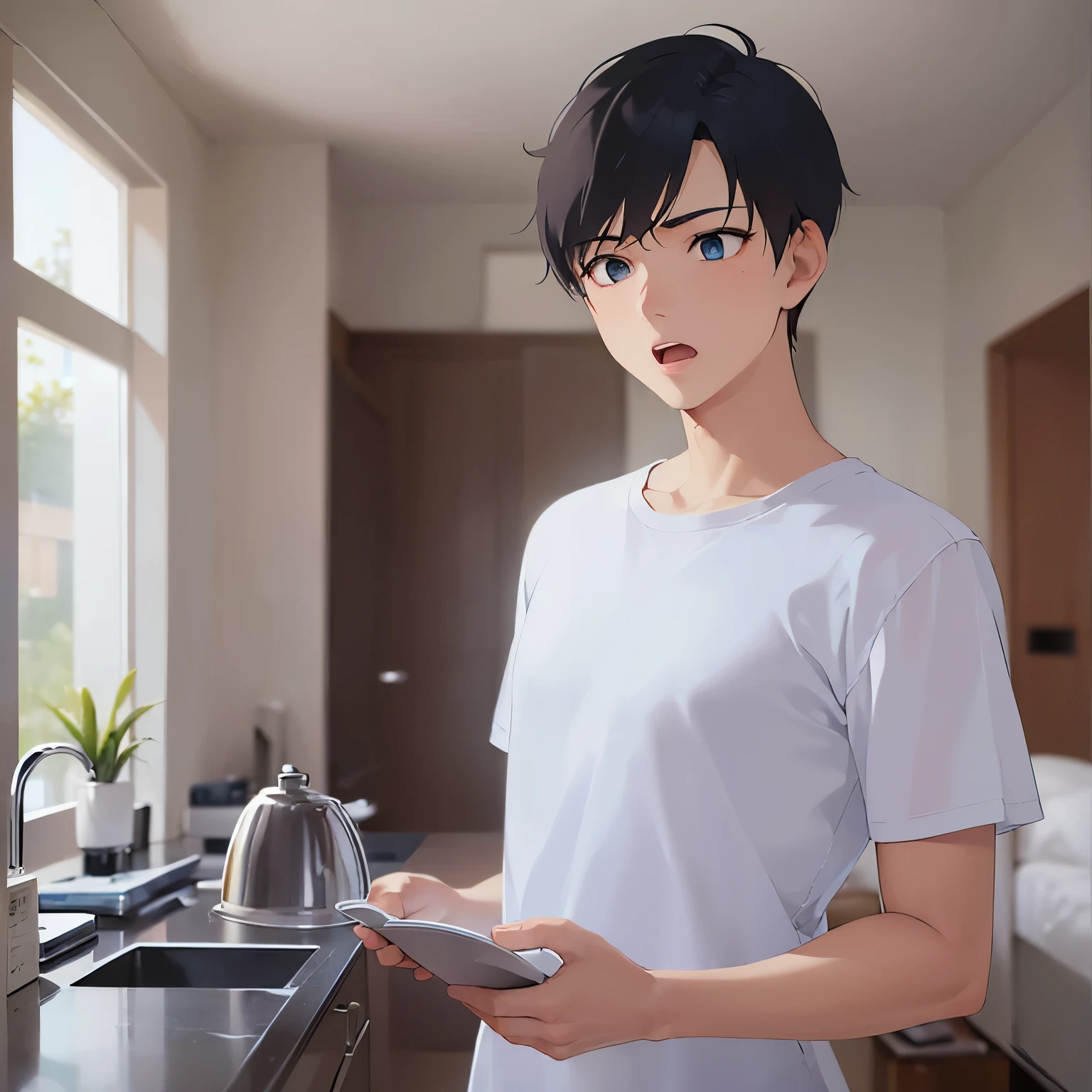 (looking away:1.5), upper body、shiny skin, masterpiece、Highest quality、(25-year-old male:1.5) and (Black short hair) and (blue eyes), White T-shirt、Are standing、open mouth, (surprised:1.2)、The background is the living room、alone