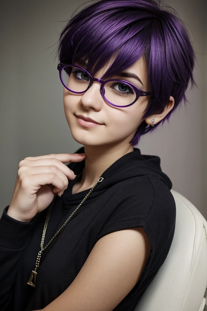 girl, short hair, purple hair, circle glasses, 18 year old, emo style, smirking, anime