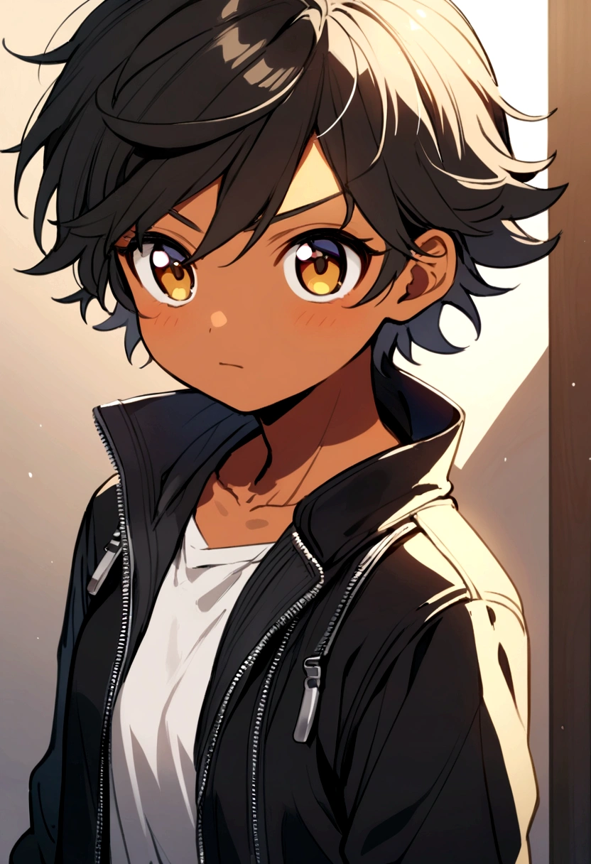 Anime girl,tomboy,tan,short hair,wavy hair.black jacket