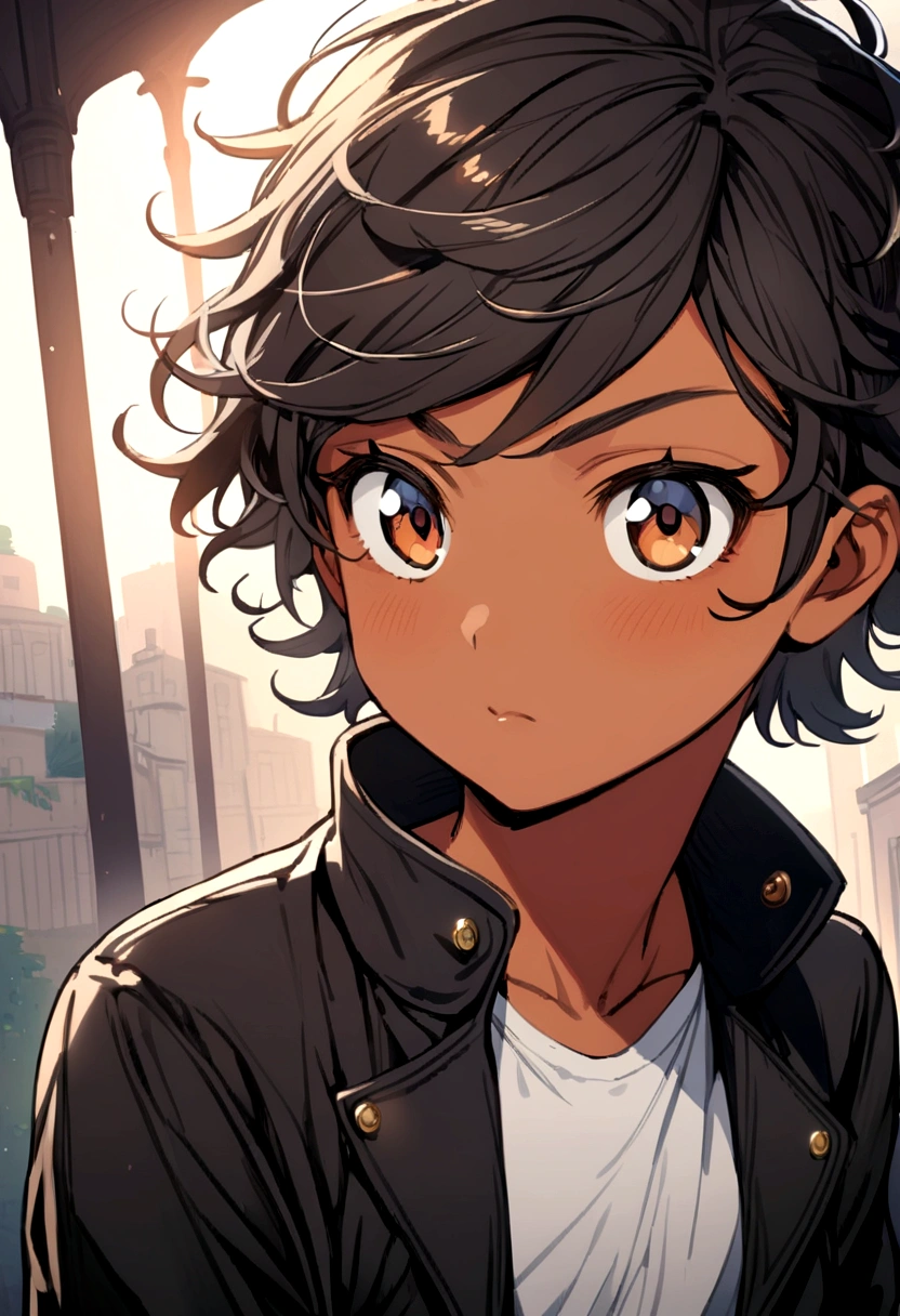 Anime girl,tomboy,tan,short hair,wavy hair.black jacket