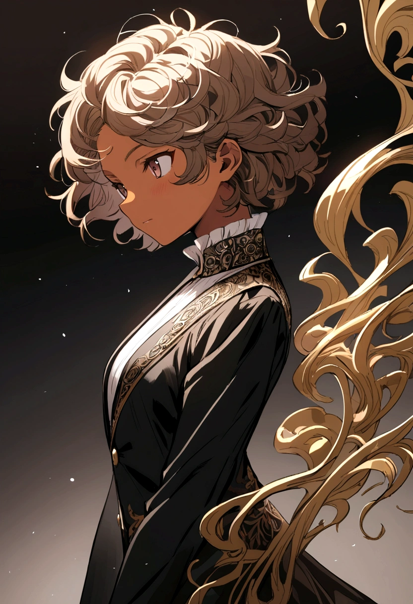 Anime girl,tomboy,tan,short hair,wavy hair.black jacket