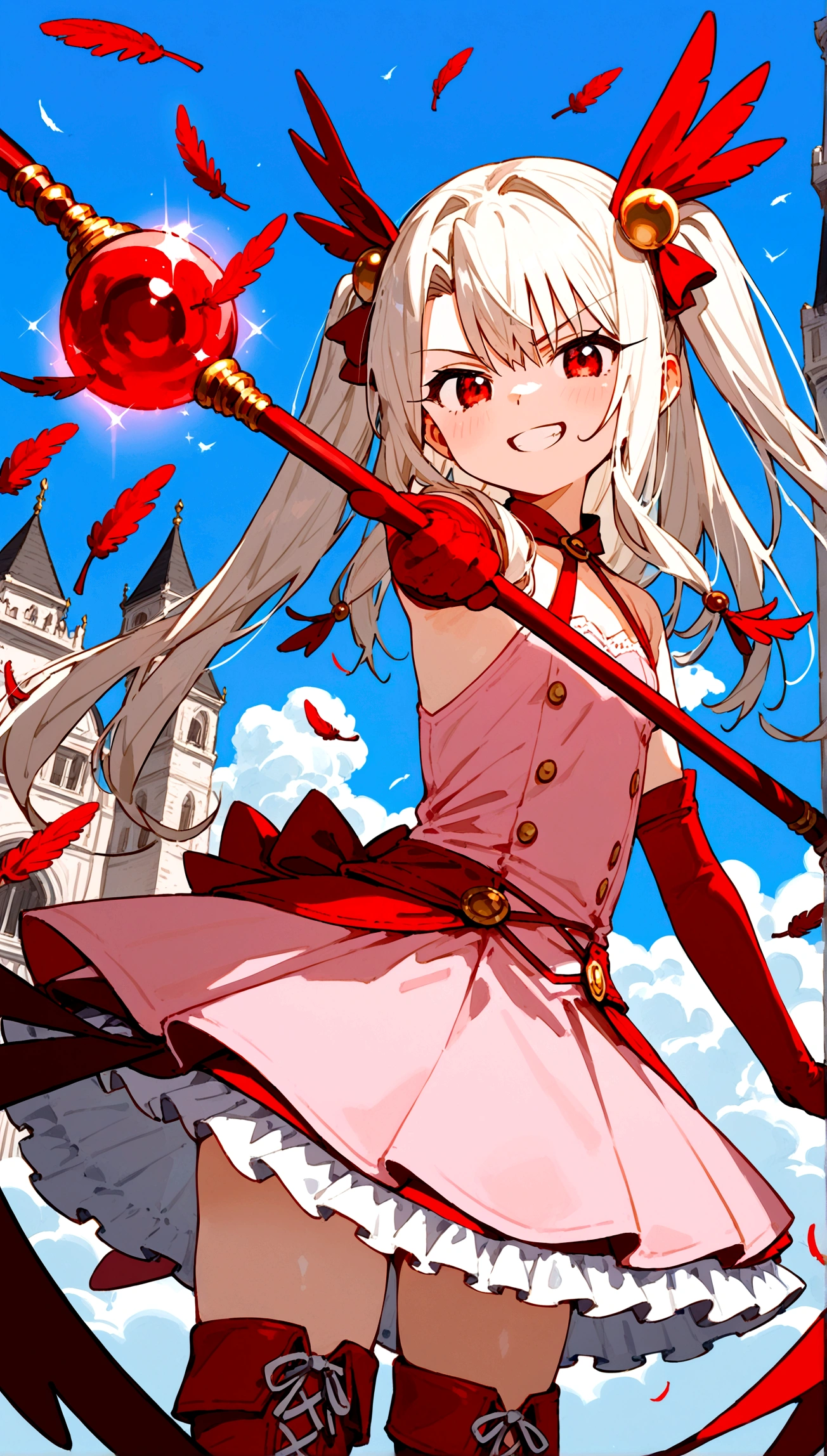 (score_9,score_8_up,score_7_up),(cowboy shot),looking at viewer,1girl,loli,illyasviel von einzbern,fate \(series\),white hair,red eyes,long hair,twin tails,hair ornament,feathers,pink dress,elbow gloves,magic girl,pink thigh Boots,standing,simple background,white background,serious grin,standing,((holding rubystaff)),mansion,fighting stance