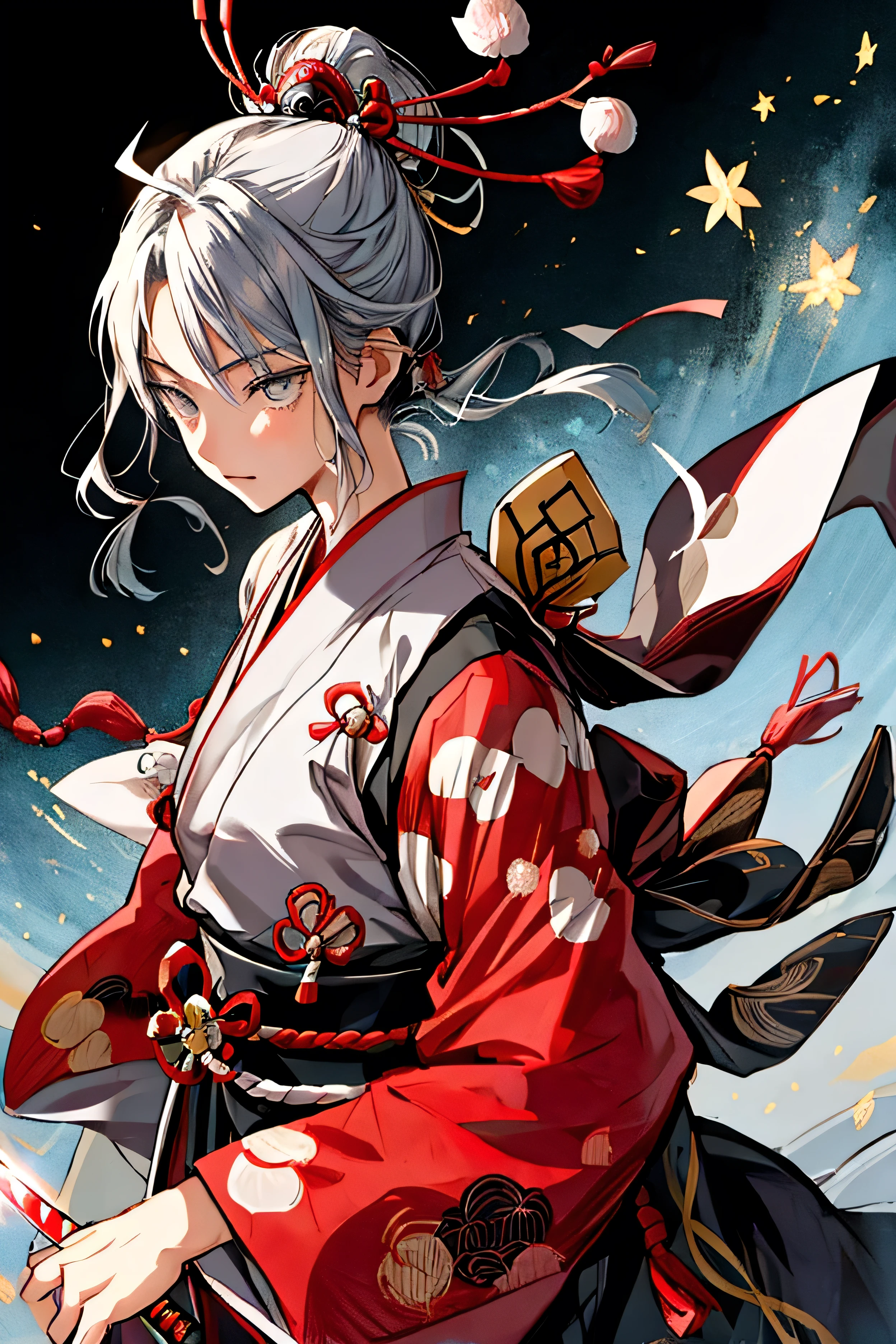 A style that combines traditional Japanese beauty with modern sensibilities.、A powerful and fantastical image。Fearless revolution and anti-war nation、Themes such as Samurai Warriors for Boys and Girls、Starの光が描く歴史の物語。Elements of Sum、Boys and girls in Japanese combat uniforms in front、Holding a sword、たくさんのStar々and its shadow,night、Star々、流Star、Pose of fighting with a sword