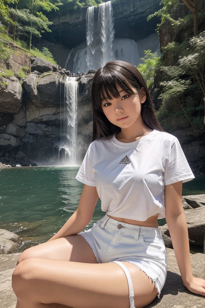 In front of a falls there is a girl sitting facing in front and she is wearing a white shirt and white shorts like anime
