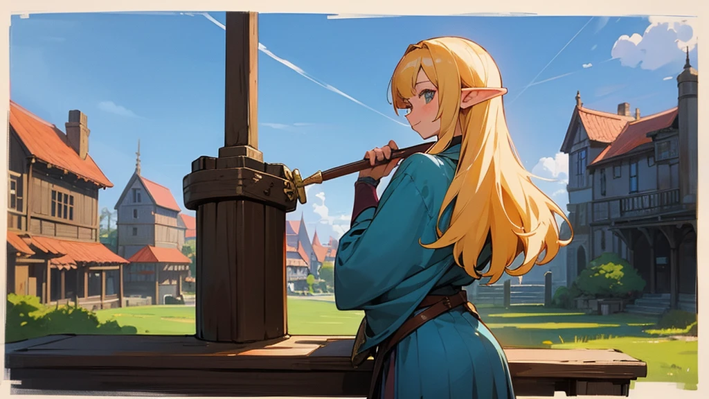 Anime Style,Nostalgic,Detailed background,The medieval world,A lively bar with lots of people,Beautiful sky,A beautiful bard elf girl looking back at me