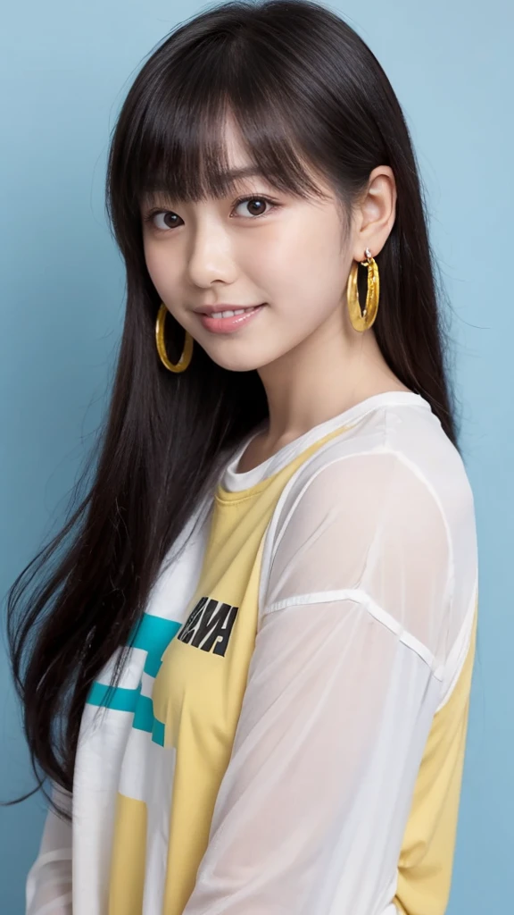 Ski Style, miku Havesune, masterpiece, Highest quality, One girl, blush, Aqua Eye, cap, Mouth closed, Earrings, Have, hoop Earrings, jewelry, View your viewers, shirt, Simple Background, alone, Upper Body, yellow shirt