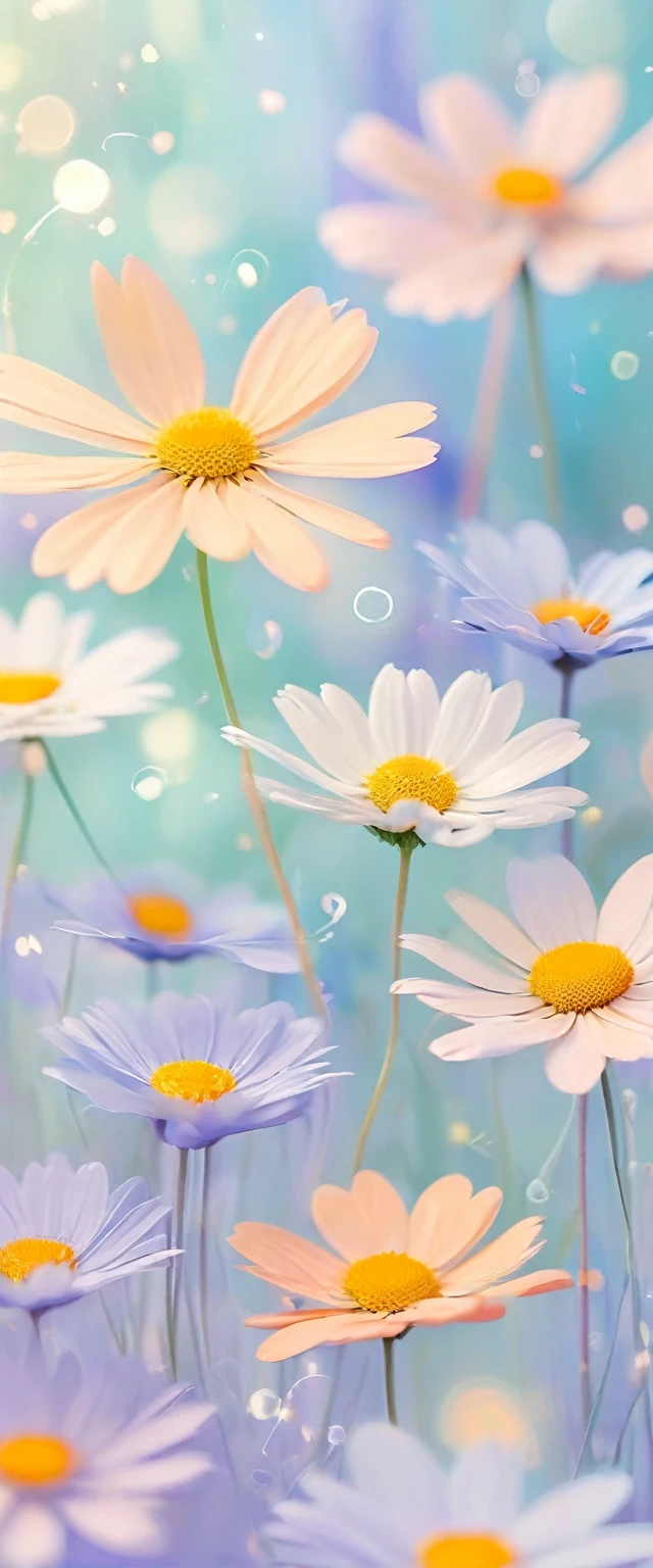 Design a gift wrap pattern using soft pastel colors like lavender, light blue, and pale orange. Incorporate abstract flowing lines along with illustrations of small daisies. Enhance the design with soft round shapes and subtle blurry bokeh lights to create a calming and elegant presentation.