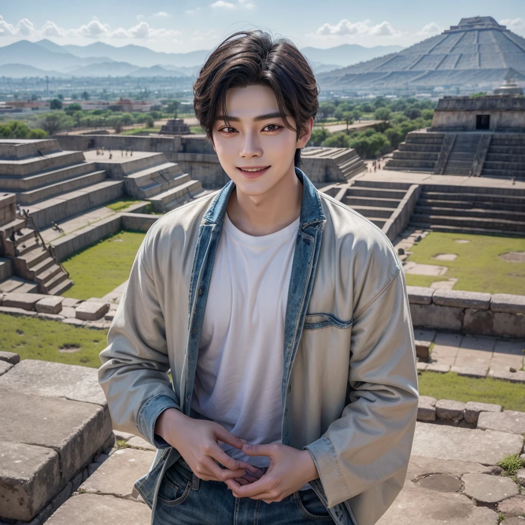 Eunwoo actor and kpop idol more realism in hair and clothing.
Generates a representation of Eunwoo as the god of fertility in the ruins of Teotihuacan, with blooming fields around him and a radiant smile that brings abundance to the land.