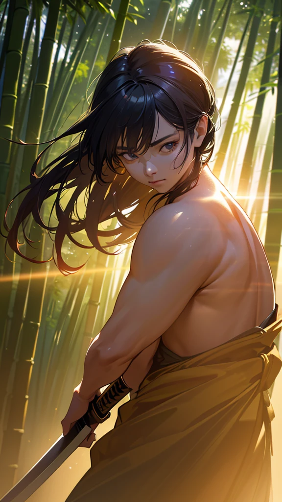 a samurai holding a detailed japanese katana sword, long blade shining in the sunlight, back hair tied, in a bamboo forest, mid combat, dramatic lighting, (best quality,4k,8k,highres,masterpiece:1.2),ultra-detailed,(realistic,photorealistic,photo-realistic:1.37),studio lighting,extreme detail description,professional,vivid colors