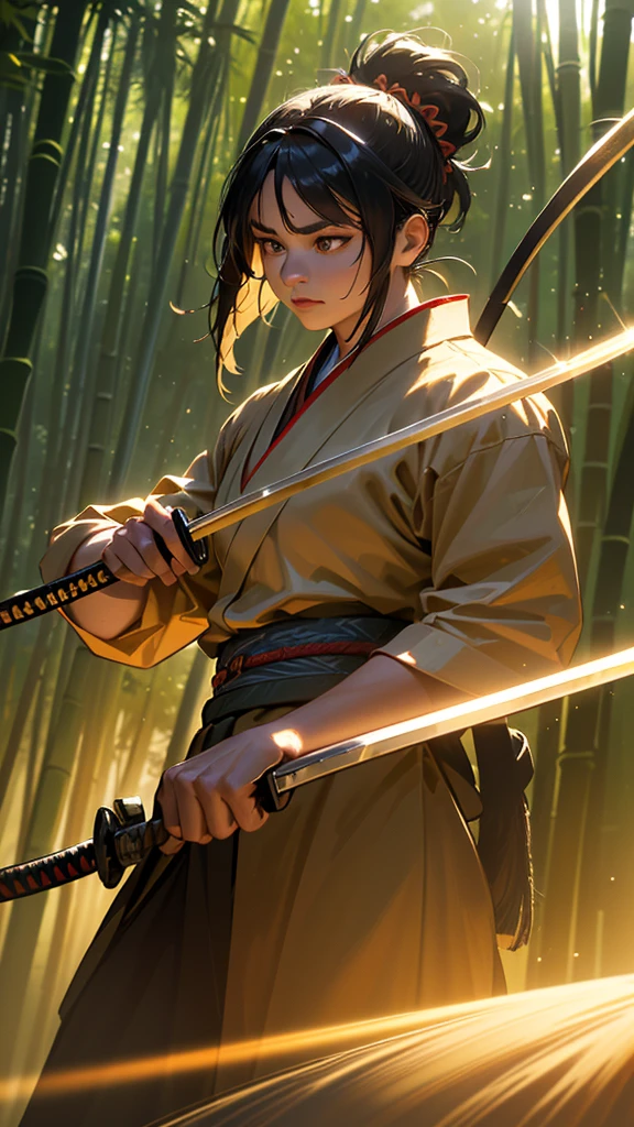 a samurai holding a detailed japanese katana sword, long blade shining in the sunlight, back hair tied, in a bamboo forest, mid combat, dramatic lighting, (best quality,4k,8k,highres,masterpiece:1.2),ultra-detailed,(realistic,photorealistic,photo-realistic:1.37),studio lighting,extreme detail description,professional,vivid colors