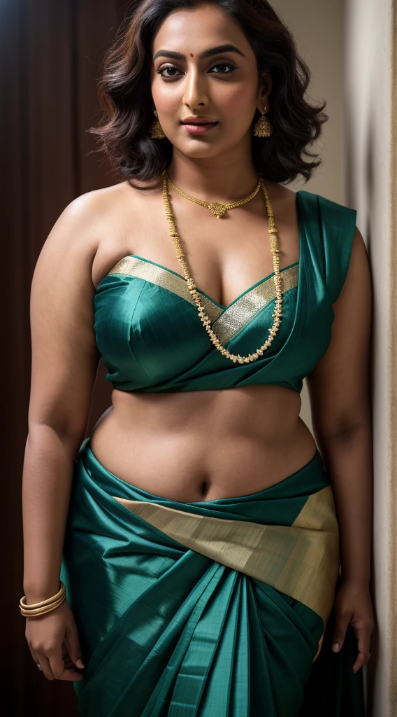Foto RAW, photorealistic, photography, full body shot, master shot, perfect eyes, goddess like beauty, pierced eyes, perfect thick chubby mallu Desi aunty bhabhi, Wearing a Stanapatta, a chest-band.Saree model, model Photography, Indian saree shoot, Indian traditional wear advertising photography, traditional wear brand shoot, face of Indian actress Sonakshi Sinha, masterpiece, realistic, realism, incredible details, pleasure, photorealism, detailed skin, skin pores, high contrast, photorealistic Artstation 8k HD digital art trend of high definition and detailed realistic skin texture, ultra detail, realistic skin texture, armature, best quality, ultra high definition, (photorealistic:1.4),, high resolution, detail, raw photo, sweat, Re sharp, by Lee Jefferies Nikon D850 Film Stock Photo 4 Kodak Portra 400 Camera F1.6 Lens Rich Color Ultra Real Realistic Realistic Textures Dramatic Lighting Unreal Engine Trending at Art Station Cinestill 800,(pele altamente detalhada: 1.2), 8k UHD, DSLR, soft-lighting, alta qualidade, grain of film, Fujifilm XT3,she didn't like to wear blouse or bra, she is happy to wear only saree, she hates blouse or bra, detailed hairy armpits, hyper realistic skin, skin pores, sweat, veins,