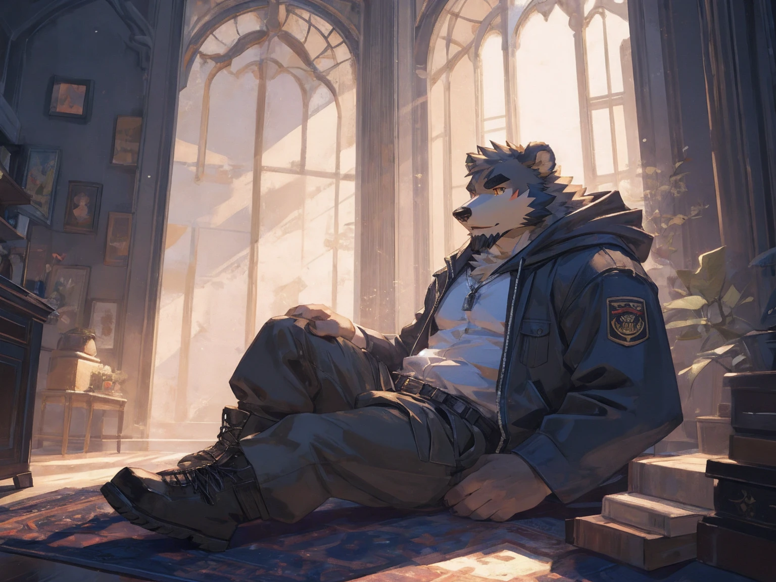 (masterpiece:1.2), best quality,pixiv,official art,perfect anatomy, (Ray tracing, light),solo, (1_male:1.3) , (muscle), (grey fur:1.4), (muscle bear), (beard:1.2), (gleaming golden eyes), bear tail, Thick black eyebrows, (open hooded parka) , (naked inside:1.2), cargo pants, (boots:1.2), in the skyscraper, indoor , fur carpet , cushion , rest on floor