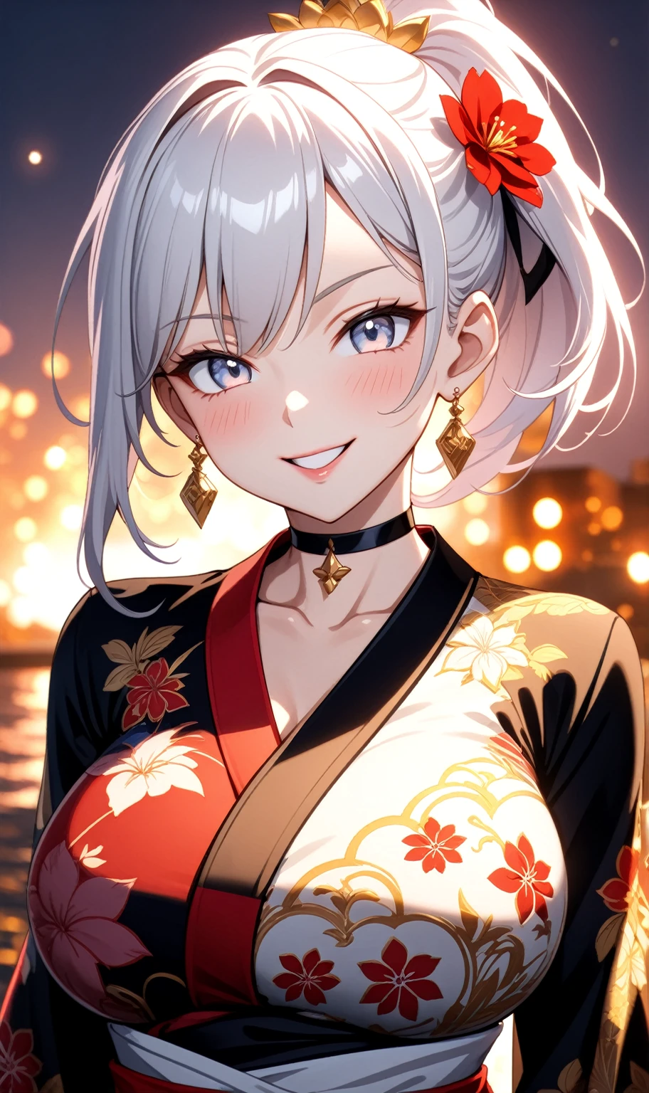 ((One personの女性)), Beautiful Face, (Laughing embarrassedly), (smirk), ((Wink:1.8)), Laugh with your mouth wide open,((Bright red cheeks:1.4)),Shiny red lips,night,横浜のnight景,You can see the ocean, firework,,Glossy pink lips,Facial lighting,((Anime style background)),masterpiece, Highest quality, so beautiful,up to date, Complex details, (Pink long nails), (ring),(bracelet),(choker),AI-generated, Complex,High resolution, Highest quality, super high quality,3D Images、3D Images,One person,Long white hair,High Ponytail,(blue eyes),Anime woman posing for a photo, ((Fine grain、Silvery white colorful eyes、Shining Eyes:1.3)),(Squint your eyes:1.1),a hyperRealistic , hyperRealistic , Realistic,Anime woman with long white hair, Smooth anime CG art, A woman in a colorful kimono with gold embroidery, (Black long sleeve kimono),Red floral pattern,Long flower hair ornament,Earrings,Mature Body,(Big Breasts:1.1),Tall,Abdominal muscles,Narrow waist,(Zoom up to face:1.5), ((front view)),