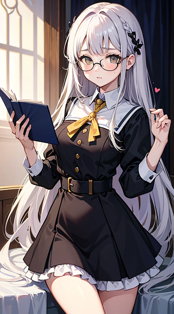 (masterpiece), best quality, expressive eyes, perfect face, school girl, shy, holding books, glasses
Face: A beautiful heart shape face with gentle features.
Hair: Long, straight and black
Eyes: Light yellow eyes
Height: 160cm
Weight: 55 KG
Bust: 44 inch
Waist: 30 inch
Hips: 40 inch, dress, hair ornament, blush, breasts, 1girl