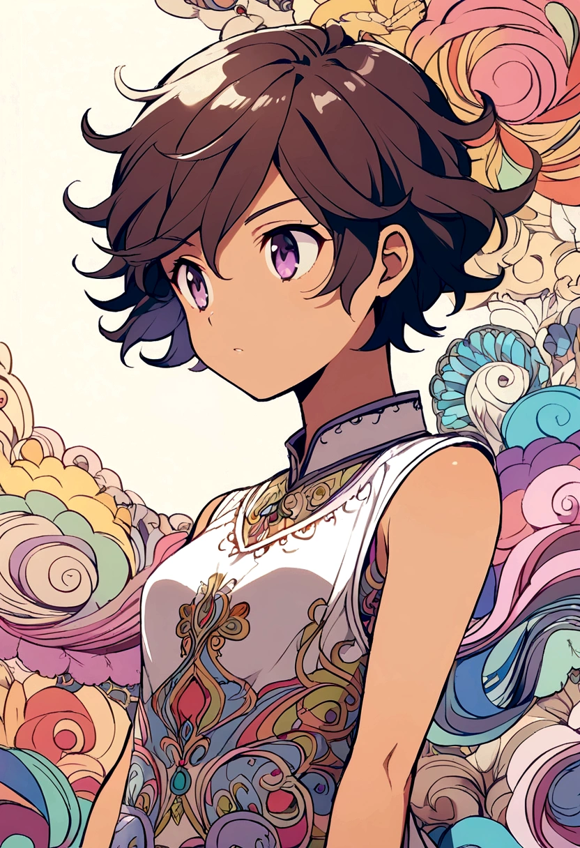 Anime girl,tomboy,light tan,short hair,wavy hair,sleevless shirt
