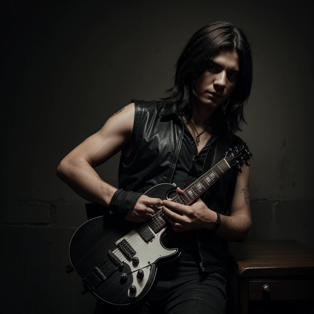 Create a realistic dark style photo of Russian singer Renato holding his guitar by his arm 