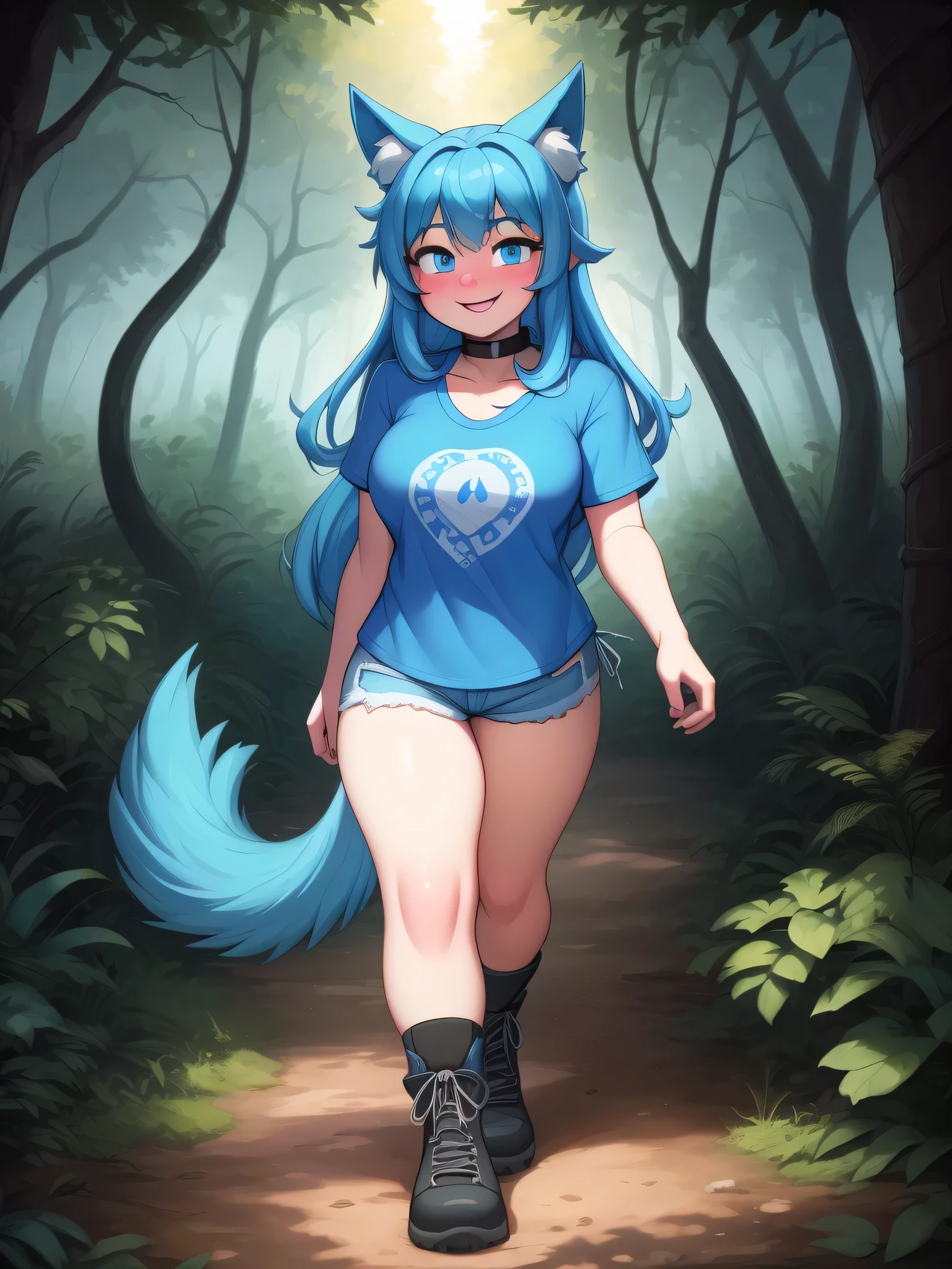 (Masterpiece) (High Detail) (High Res) A close up of a short humanoid girl with pale human skin and blue eyes and long blue hair and blue dog ears and a fluffy blue dog tail and average breasts. She is walking through a dense forest swamp with large trees and vines. She is wearing a t-shirt and denim short-shorts and has a big digital camera around her neck. She has knee-high white socks and hiking boots on. She has blushing cheeks and looks cheerful. The forest looks spooky and dangerous. Photographer. Digital SLR Camera. She is holding a camera.