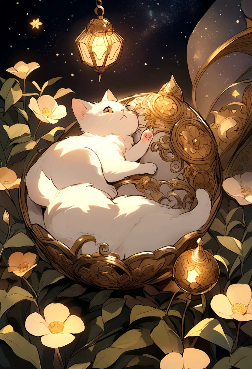 A kitten lying in the flowers,Beijing is a starry sky