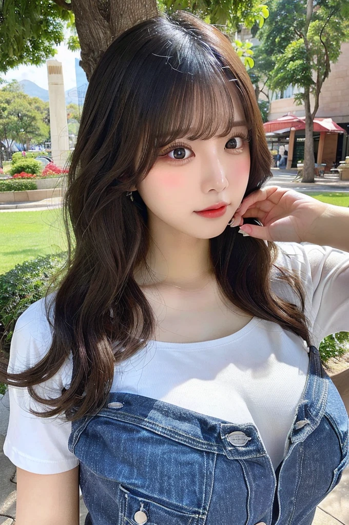 NSFW,(White Skinny T-Shirt, Denim Biggies)、(busty breasts 1.8、valley)、Beauty、double eyelids、Tear bags、Big, round eyes、Long eyelashes)、highest quality、Daytime Park