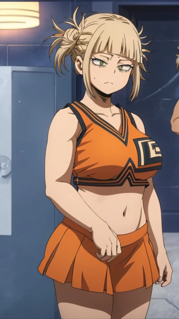 A girl big breast beautiful crazy psycho beautiful sexy cute hair braid ball yellow shine short cut her eye brown sleepless eye stress mood good dresses orange top green stripe sleeveless cheerleader shows navel and a short bright orange skirt black heel