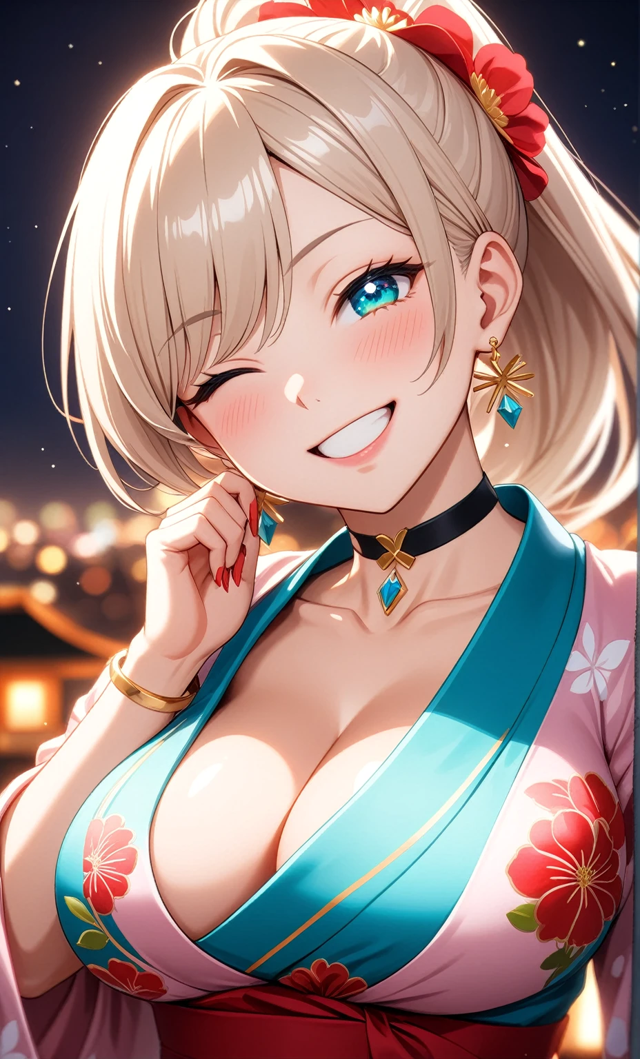 ((One personの女性)), Beautiful Face, ((Laughing embarrassedly)), (laugh),((Wink:1.7)), (head tilt), Laugh with your mouth wide open,((Bright red cheeks:1.4)),Shiny red lips,night,横浜のnight景,You can see the ocean, firework,Laughing with your mouth open,Glossy pink lips,Facial lighting,((Anime style background)),masterpiece, Highest quality, so beautiful,up to date, Complex details, (Pink long nails),(ring),(bracelet),(choker),AI-generated, Complex,High resolution, Highest quality, super high quality,3D Images、3D Images,One person,Long blonde hair,High Ponytail,(turquoise blue eyes),Anime woman posing for a photo, ((Fine grain、Colorful eyes、Shining Eyes:1.3)),(Squint your eyes:1.1),a hyperRealistic , hyperRealistic , Realistic,Anime woman with long white hair, Smooth anime CG art, A woman in a colorful kimono with gold embroidery, (Pink long sleeve kimono),Red floral pattern,Long flower hair ornament,Earrings,Mature Body,(Big Breasts:1.1),Tall,Abdominal muscles,Tight waist,(Zoom up to face:1.5),(front view),
