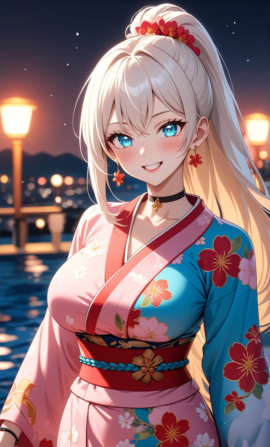 ((One personの女性)), Beautiful Face, ((Laughing embarrassedly)), (laugh),((Wink:1.7)), (head tilt), Laugh with your mouth wide open,((Bright red cheeks:1.4)),Shiny red lips,night,横浜のnight景,You can see the ocean, firework,Laughing with your mouth open,Glossy pink lips,Facial lighting,((Anime style background)),masterpiece, Highest quality, so beautiful,up to date, Complex details, (Pink long nails),(ring),(bracelet),(choker),AI-generated, Complex,High resolution, Highest quality, super high quality,3D Images、3D Images,One person,Long blonde hair,High Ponytail,(turquoise blue eyes),Anime woman posing for a photo, ((Fine grain、Colorful eyes、Shining Eyes:1.3)),(Squint your eyes:1.1),a hyperRealistic , hyperRealistic , Realistic,Anime woman with long white hair, Smooth anime CG art, A woman in a colorful kimono with gold embroidery, (Pink long sleeve kimono),Red floral pattern,Long flower hair ornament,Earrings,Mature Body,(Big Breasts:1.1),Tall,Abdominal muscles,Tight waist,(Zoom up to face:1.5),(front view),