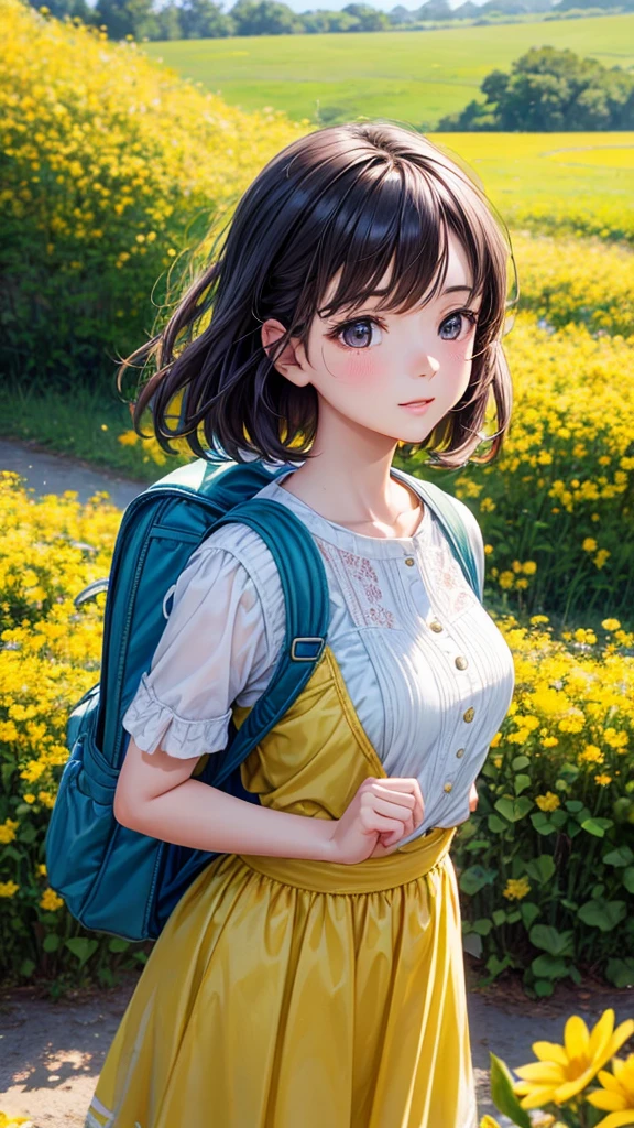 Tip: A very charming  with a backpack and her cute puppy enjoying a lovely spring outing surrounded by beautiful yellow flowers and nature. The illustration is a high-definition illustration in 4k resolution, featuring highly detailed facial features and adult-style visuals.  