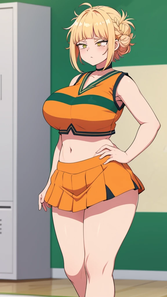 A girl big breast beautiful crazy psycho beautiful sexy cute hair braid ball yellow shine short cut her eye brown sleepless eye stress mood good dresses orange top green stripe sleeveless cheerleader shows navel and a short bright orange skirt black heel