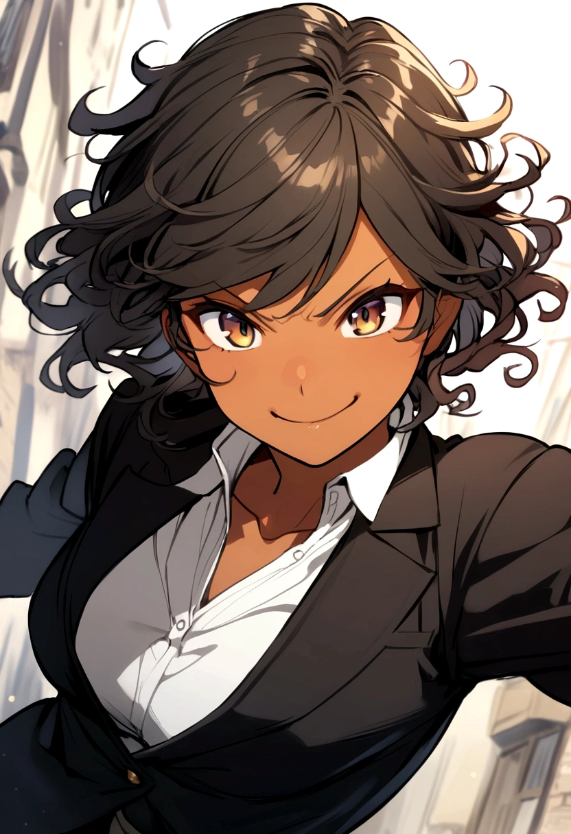 Anime girl,tomboy,tan,short hair,wavy hair,black jacket,mean smile