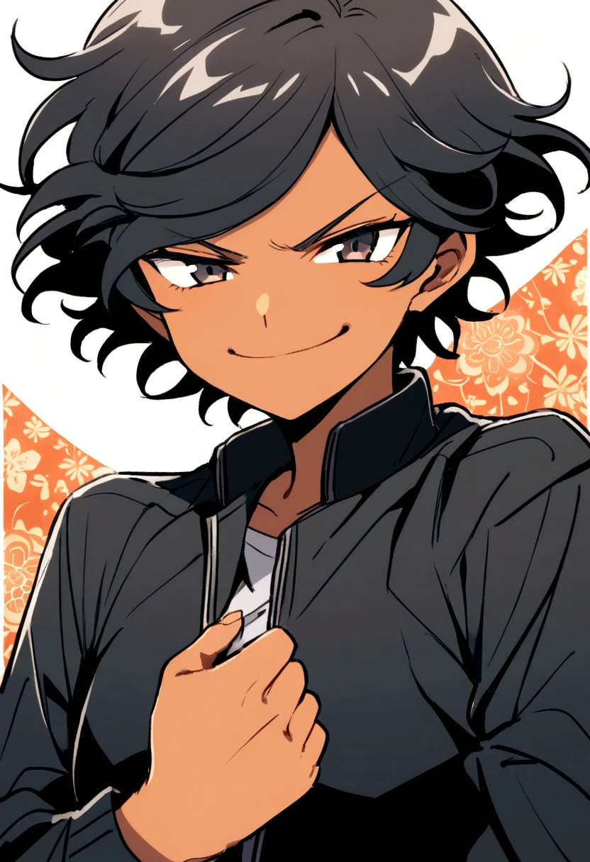 Anime girl,tomboy,tan,short hair,wavy hair,black jacket,mean smile