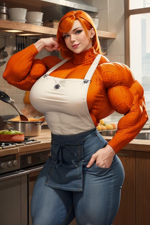 voluptuous woman, ponytail, back, smiling, red hair, female cooker, sexy