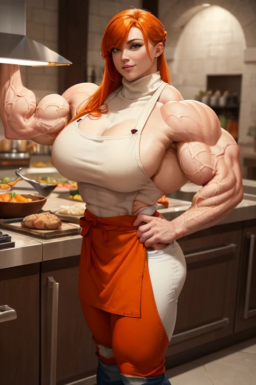 ((((Massive beautiful, buff, bulky, pale white skinned muscular, female chef with orange hair, ginormous bulky muscles, cooking and wearing a orange turtleneck sweater with a denim pants and a long apron)))), (close view), vascular, massive muscles, massive biceps, hyper muscle shoulders, vascular shoulders, hyper muscle triceps, (long shaggy hair), green eyes, (denim pants), (high heel boots), sensual smile, (a long apron), (in a restaurant kitchen), at evening, Vascular arms, hyper vascular arm, hyper muscles arms, hyper muscle legs, massive buff arms