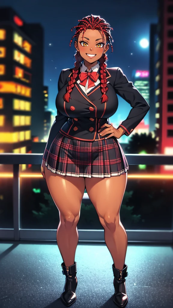 4K Quality, black woman, sexy smile, (black plaid skirt), standing up, ((black and red braids)), (dark skinned), thick thighs, big breasted, big ass, looking at viewer, amber eyes, night time, bedroom eyes, full body, city background, perfect face, perfect body, perfect eyes, full lips,