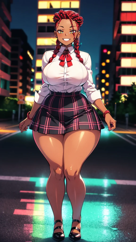 4K Quality, white woman, blue eyes, intense blue eyes, sexy smile, (black plaid skirt), standing up, ((pink and red braids)), thick thighs, big breasted, big ass, looking at viewer, amber eyes, night time, bedroom eyes, full body, city background, perfect face, perfect body, bimbo, perfect eyes, full lips, big lips, 