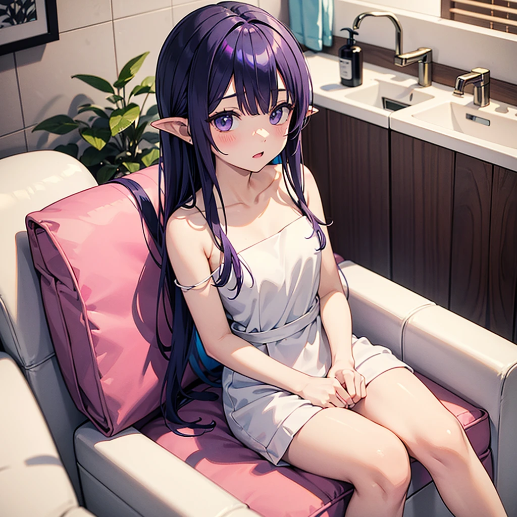 anime girl long purple hair {{Wrapped in a bath towel}}. she has pointy ears. Manga kawaii. iridescent ,An illustration, sitting in a sofa