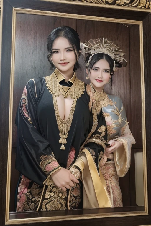 (masterpiece, best quality:1.2),Okita apricot pear, Solitary,,The eyes are delicate and delicate,Exquisite hair color,( Wear a sexy Javanese traditional queen dress:1.2),Soft tones,Pink lips, Huge Breasts(masterpiece), best quality, expressive eyes, perfect face, couple, large_breasts_low_claveage1girl, 1boy, black_hair, necktie, signature_Udin&Sulis(letter), looking_at_viewer, holding, smile, jewelry, photo_(object), dated, Indonesian_javanesse_traditional_wedding_couple_dress, long_sleeves