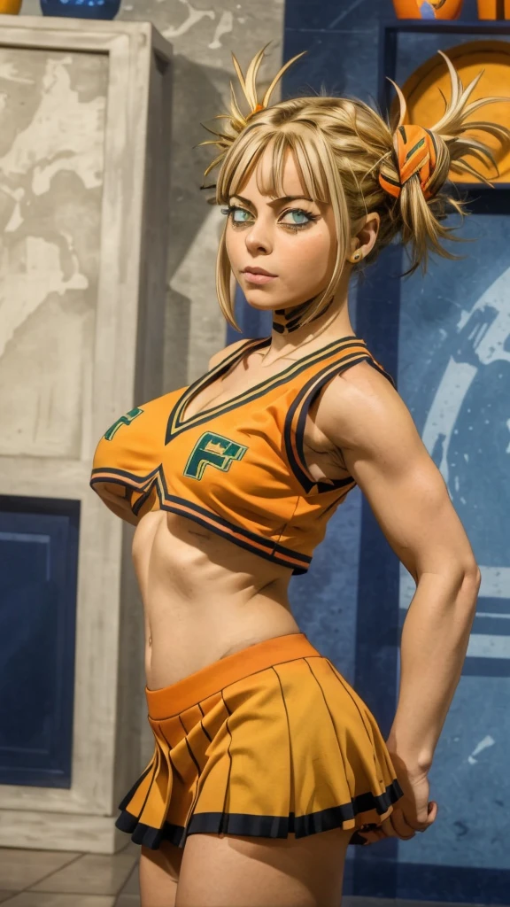 A girl big breast beautiful crazy psycho beautiful sexy cute hair braid ball yellow shine short cut her eye brown sleepless eye stress mood good dresses orange top green stripe sleeveless cheerleader shows navel and a short bright orange skirt black heel