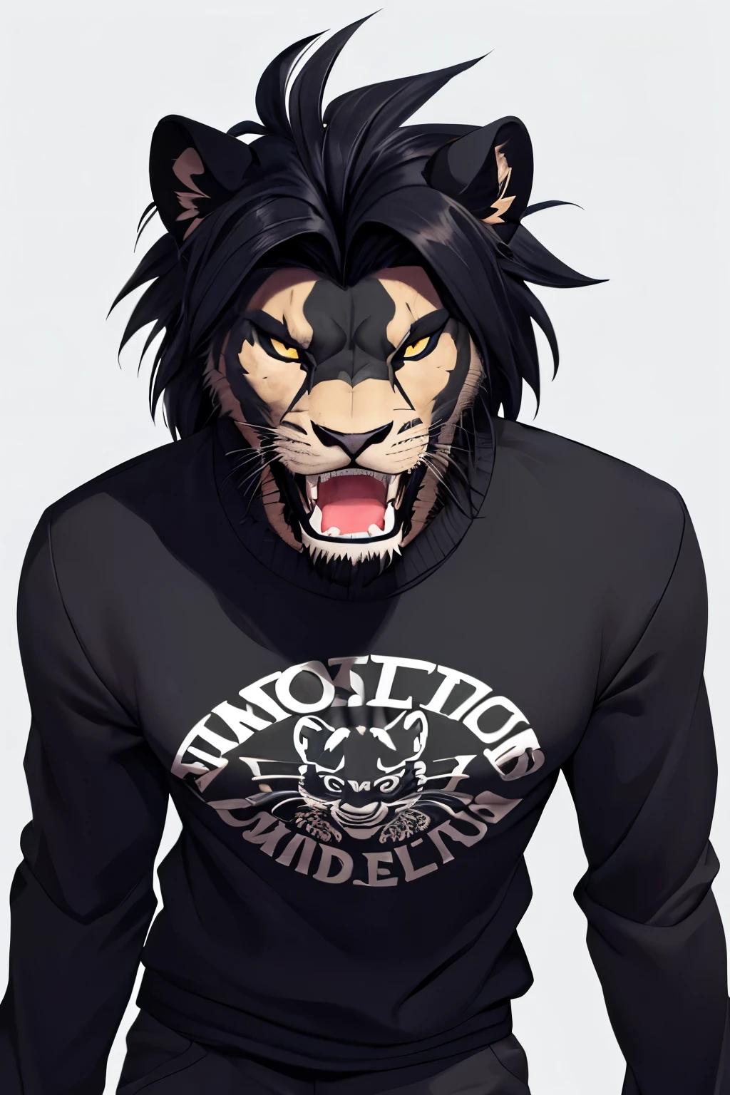 An intimidating black lion with fangs and wearing only a blue sweatshirt