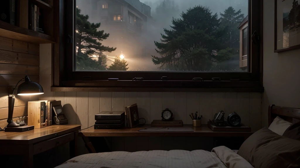 exterior extreme close-up of bright french window, photography, style of Makoto Shinkai studio and Greg Rutkowski, dark black, night, heavy fog, wet, deep forest, Japan low flattop huts, coffee cups,ultra detailed bedroom, desk, bookshelf, bed, decorative little lights, brick ground, little flowers, motherboard, prodigious amounts of information, realistic,