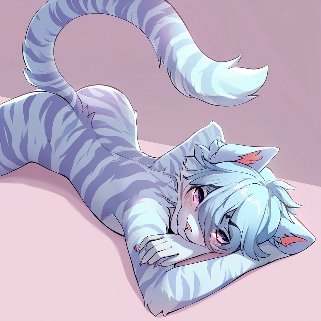 adult, feline, mammal, anthro, anthropomorphic, cat, striped, fur, furred_anthro, femboy, male, light_blue, pink_ears, ear_tufts, purple, paws, hair_tuft, hair_between_eyes, long_tail, fluffy, gentle_expression, expressive_eyes, slightly_smiling light_blue_hair, light looking_at_viewer, blue_fur, shy, small_pupils, spotted_pattern, stripes, tiger_stripes, digital_art, high_resolution, high_res, background shy, lying_down, relaxed_pose, one_arm_supporting_head, seductive_face, head_visible, neck_visible