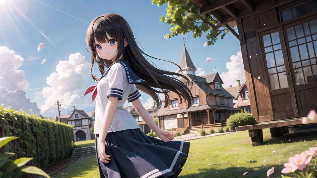 (masterpiece),  town,  blue sky,  One Girl,  smile,  alone,  Sailor suit、Long skirt,  Overgrown,  petal,  plant、Skirt lining、Translucent slip、Nostalgic