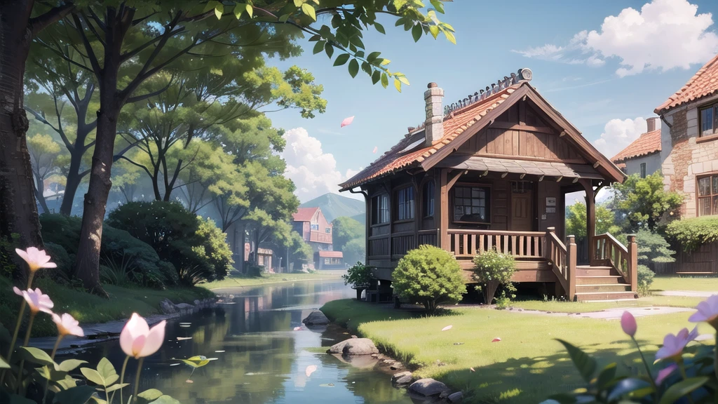 (masterpiece), town, blue sky, One Girl, smile, alone, Sailor suit、Long skirt, Overgrown, petal, plant、Skirt lining、Translucent slip、Nostalgic
