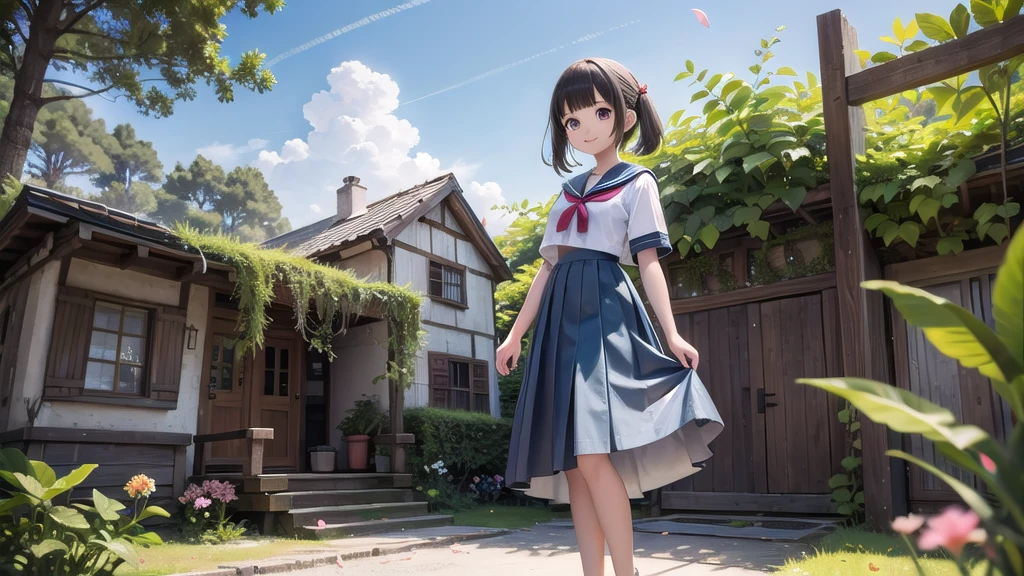 (masterpiece), town, blue sky, One Girl, smile, alone, Sailor suit、Long skirt, Overgrown, petal, plant、Skirt lining、Translucent slip、Nostalgic