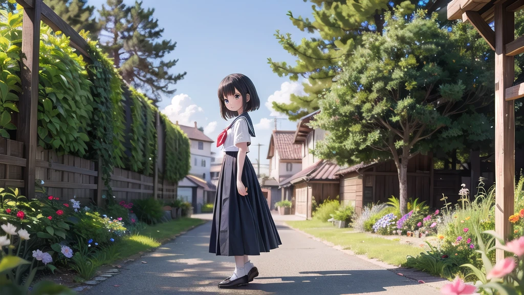 (masterpiece), town, blue sky, One Girl, smile, alone, Sailor suit、Long skirt, Overgrown, petal, plant、Skirt lining、Translucent slip、Nostalgic