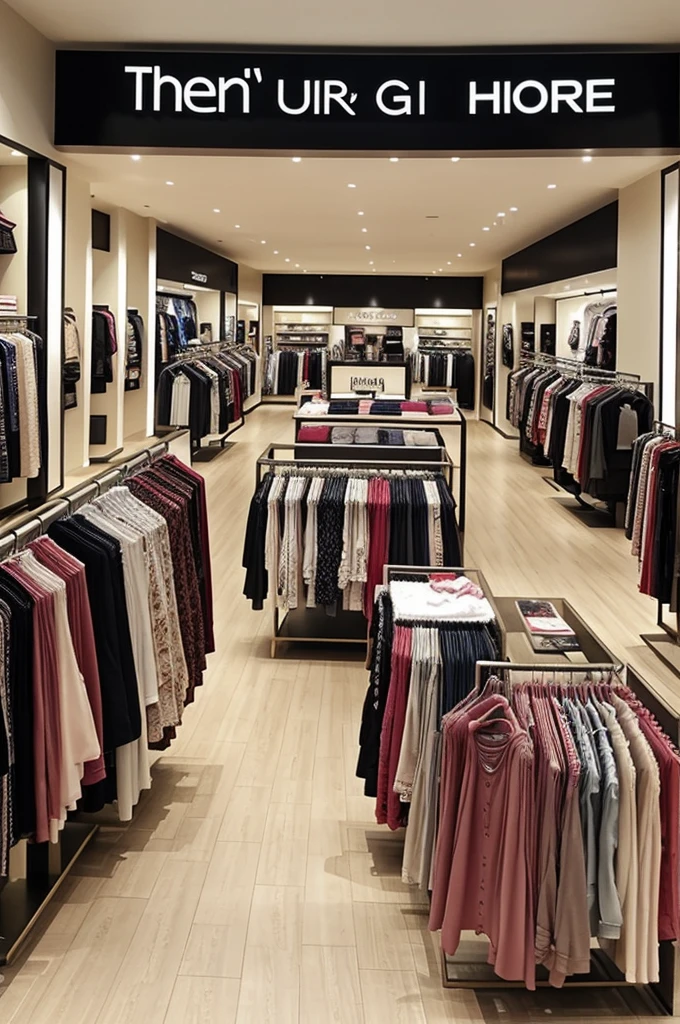 
A picture in which there is a women's clothing store and many women's clothes and the name of the store is AJ Fashion house. This name will be written on the name board of the store.